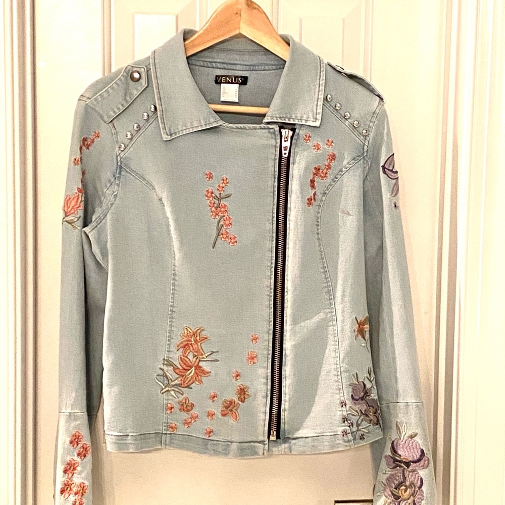 VENUS Pale Blue Floral Embroidered Moto Jacket